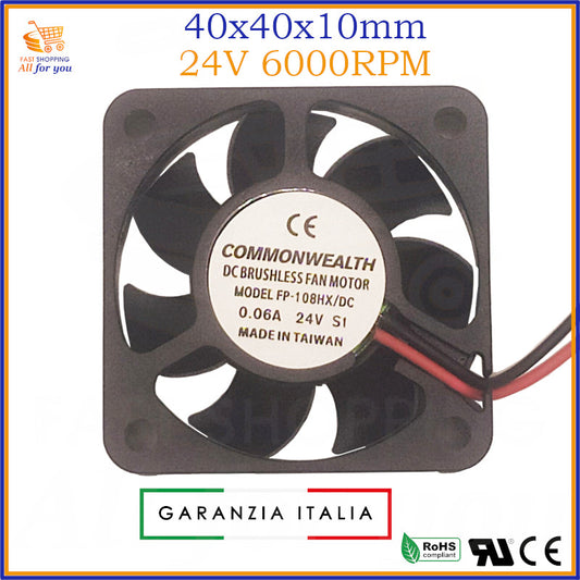 Ventola nera 40x40x10mm 24V con cuscinetto a manicotto, silenziosa a 29dB, ideale per raffreddamento di PC e dispositivi elettronici.