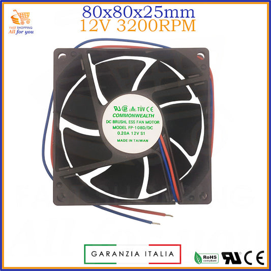 Ventola di raffreddamento assiale da 80x80x25mm, alimentata a 12V, ideale per PC e schede elettroniche.