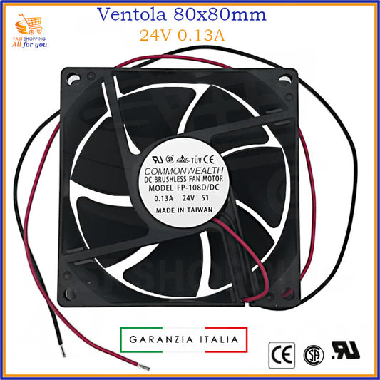 Ventola di raffreddamento assiale da 80x80x25mm, alimentata a 24V, ideale per quadri elettrici e PC.