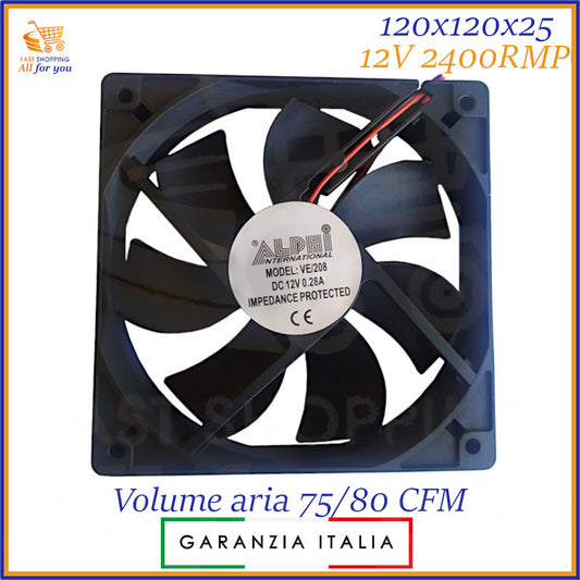 Ventola da 120mm x 120mm x 25mm per PC e computer, con alimentazione a 12V e una velocità di 2400 RPM.