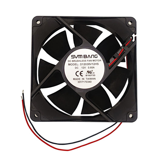 Ventola assiale di raffreddamento 120x120x38 mm a 12V DC su bronzine con portata d'aria di 105 CFM, ideale per case di PC, UPS e apparecchiature elettroniche.