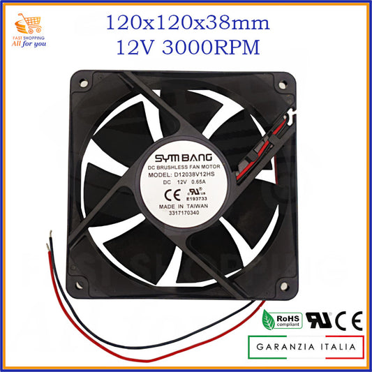 Ventola di raffreddamento assiale da 120x120x38mm, alimentata a 12V con 3000RPM, ideale per PC e dispositivi elettronici.