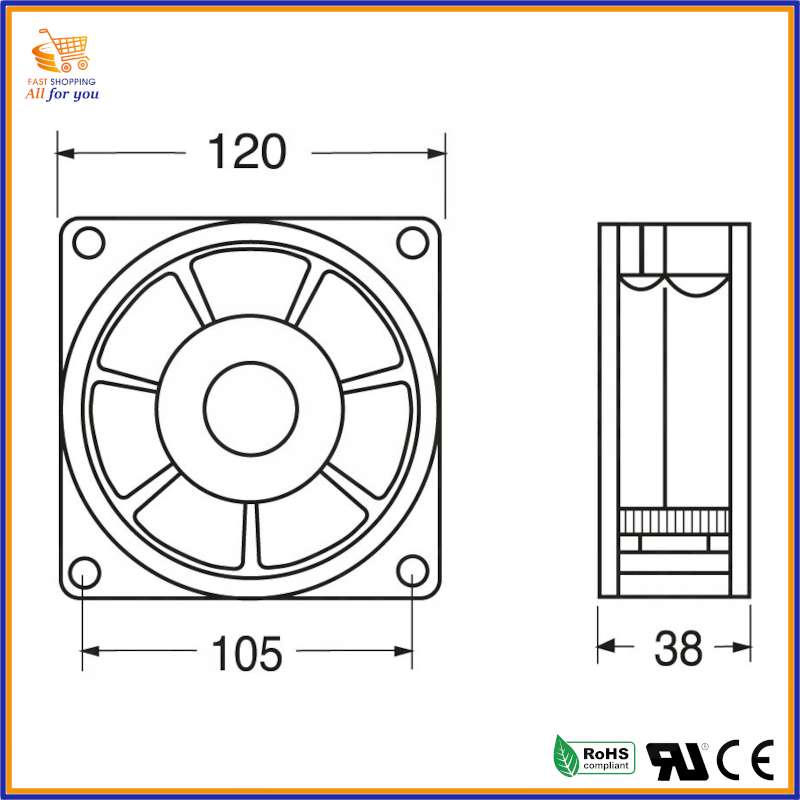 Dimensioni ventilatore assiale nero 120x120x38mm 24V DC con cuscinetto su bronzine, silenzioso a 45dBA, ideale per raffreddamento di elettronica e computer.