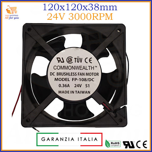 Ventola di raffreddamento assiale da 120x120x38mm, alimentata a 24V con 3000RPM, ideale per computer e server.