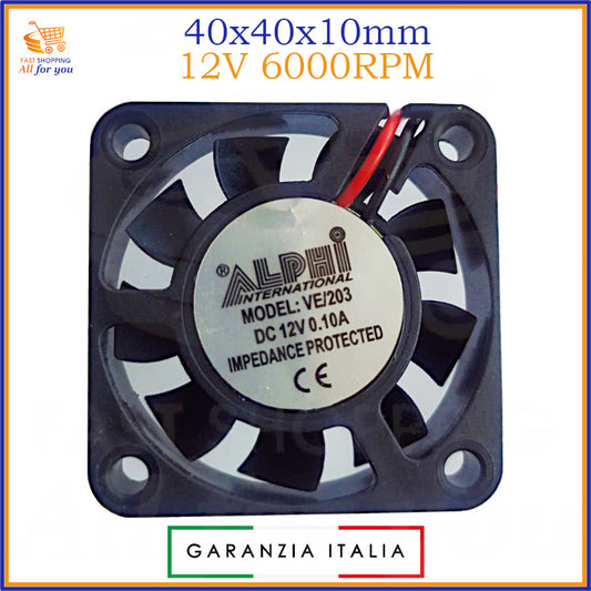 Ventola assiale da 40x40x10mm, alimentata a 12V, con una velocità di 6000RPM, ideale per il raffreddamento di piccoli sistemi elettronici.