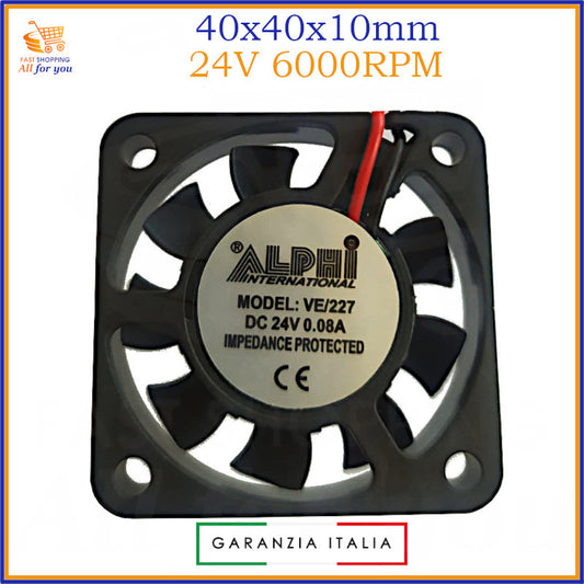 Ventola assiale per raffreddamento, misura 40x40x10mm, con alimentazione a 24V e 6000RPM di velocità. Mostra il modello VE/227.