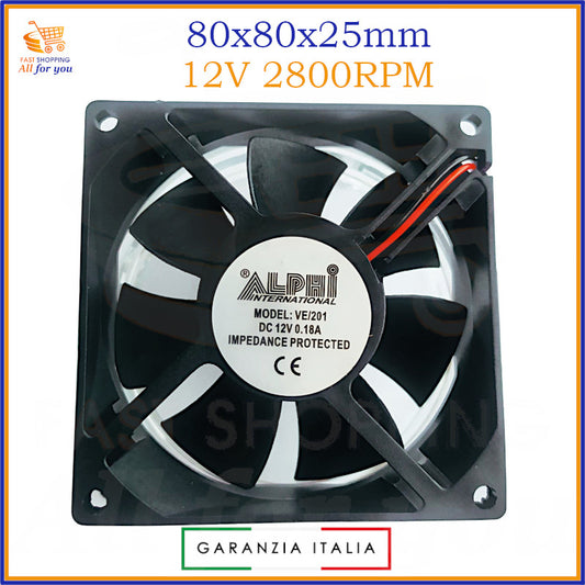 Ventola assiale da 80x80x25mm per il raffreddamento di PC e componenti elettronici, alimentata a 12V con 2800RPM.