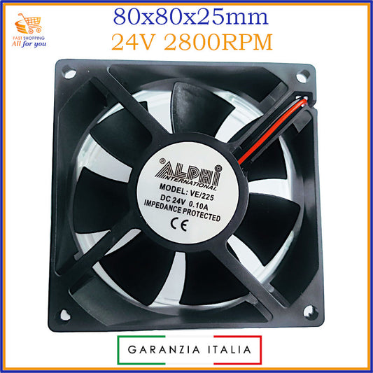 Ventilatore assiale 80x80x25mm 24V DC per quadri elettrici e sistemi industriali, con 2 fili