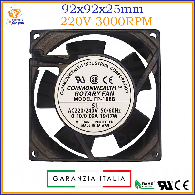 Ventola di raffreddamento assiale da 92x92x25.4mm, alimentata a 220V con 3000RPM, ideale per quadri elettrici e PC.