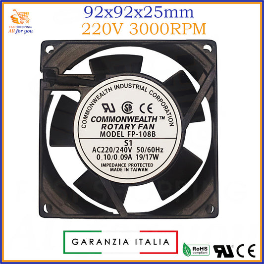Ventola di raffreddamento assiale da 92x92x25.4mm, alimentata a 220V con 3000RPM, ideale per quadri elettrici e PC.