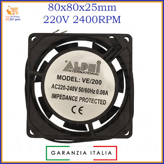 Ventola di raffreddamento assiale da 80x80x25mm per uso industriale, alimentata a 220V con 2400RPM.