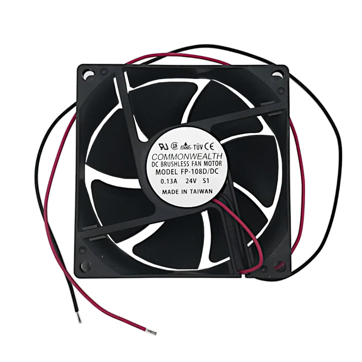 Ventola assiale su bronzine 80x80x25 mm a 24V DC con portata d'aria di 40 CFM e connessione a 2 pin, ideale per quadri elettrici e armadietti rack.