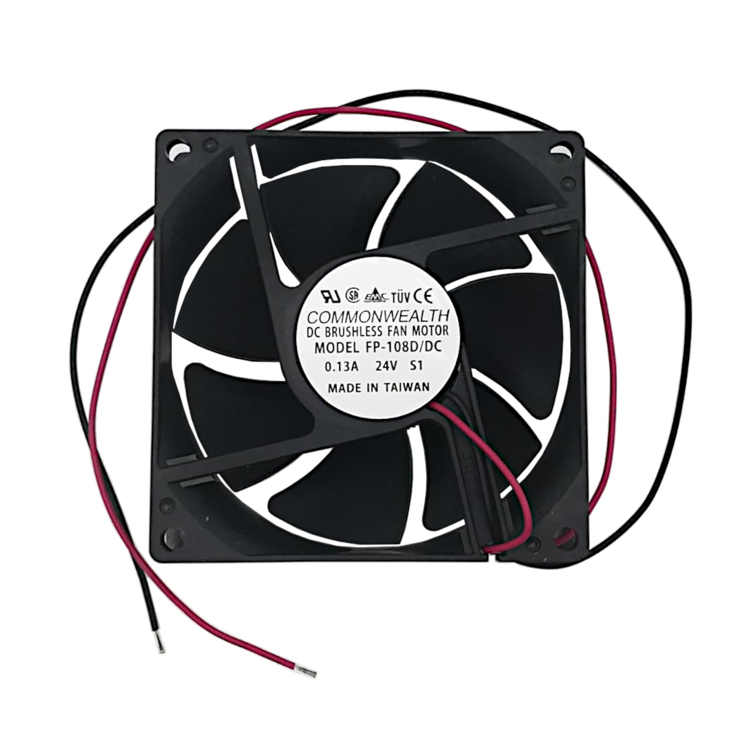 Ventola assiale su bronzine 80x80x25 mm a 24V DC con portata d'aria di 40 CFM e connessione a 2 pin, ideale per quadri elettrici e armadietti rack.