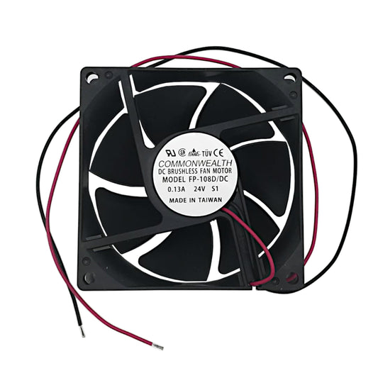 Ventola assiale su bronzine 80x80x25 mm a 24V DC con portata d'aria di 40 CFM e connessione a 2 pin, ideale per quadri elettrici e armadietti rack.